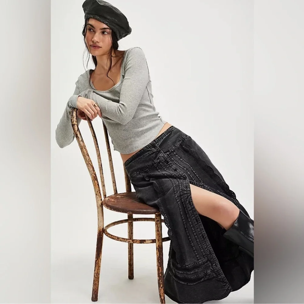 FREE PEOPLE Whitney Washed Black Lace-Trimmed Western Prairie Midi Skirt